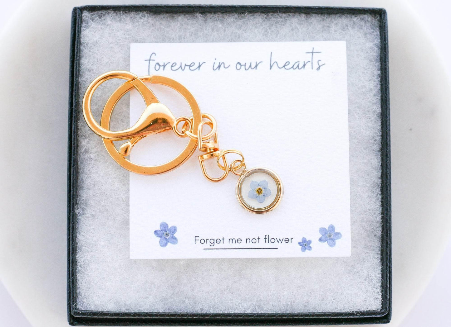 Blue Forget Me Not Flower Keychain | Yellow Gold Circle Pendant - Rest of the Nest