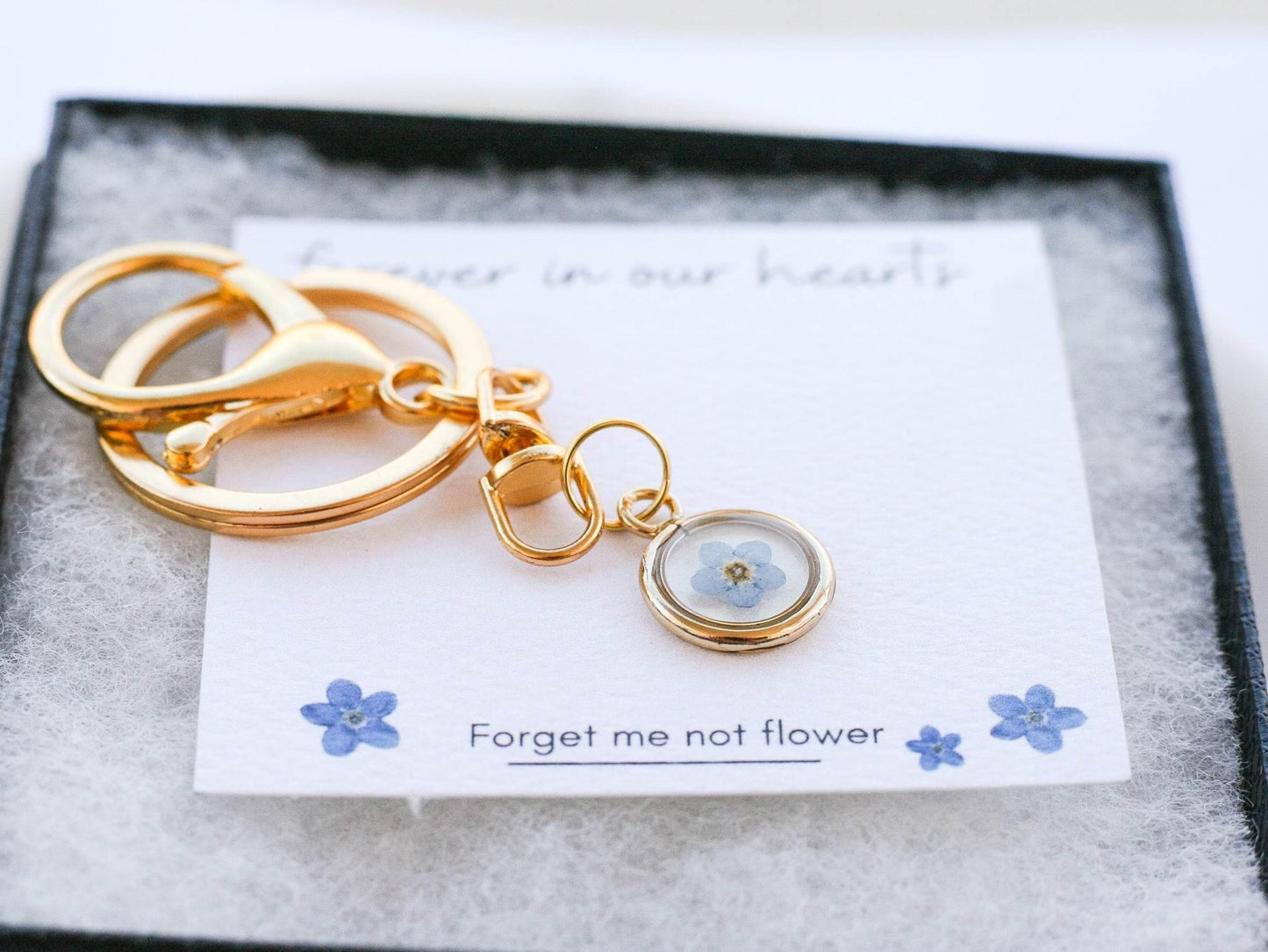 Blue Forget Me Not Flower Keychain | Yellow Gold Circle Pendant - Rest of the Nest