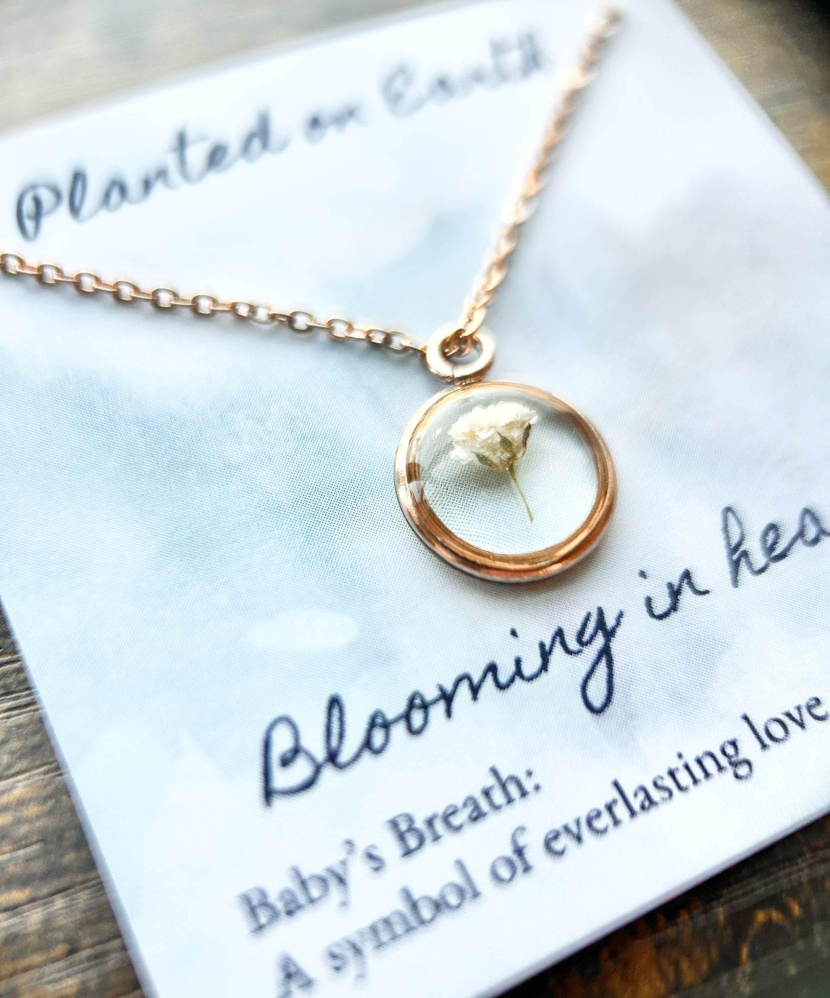 Baby's Breath Flower Necklace | Rose Gold Circle Pendant - Rest of the Nest