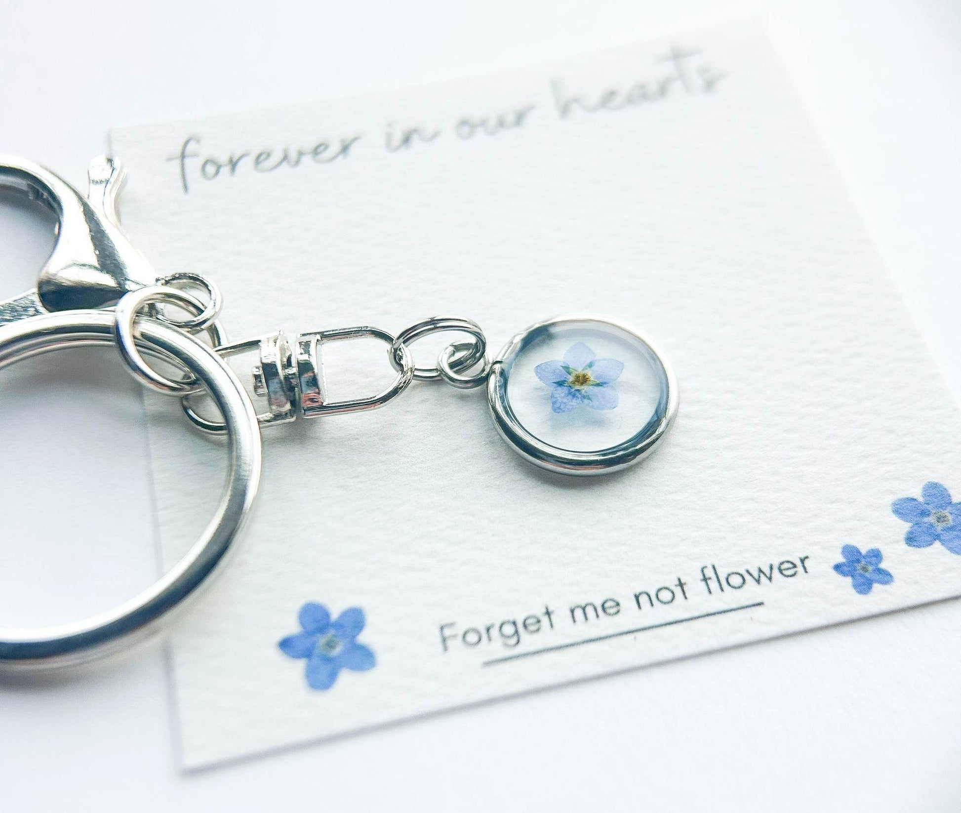 Blue Forget Me Not Flower Keychain | Silver Circle Pendant - Sale - Rest of the Nest