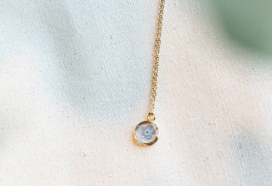 Blue Forget Me Not Necklace | Gold Circle Pendant - Rest of the Nest