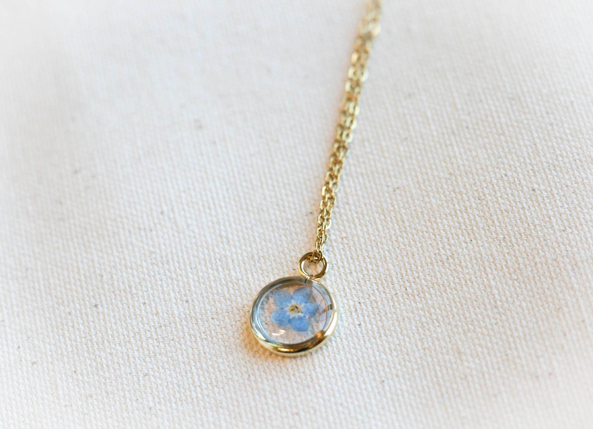 Blue Forget Me Not Necklace | Yellow Gold Circle Pendant - Sale - Rest of the Nest