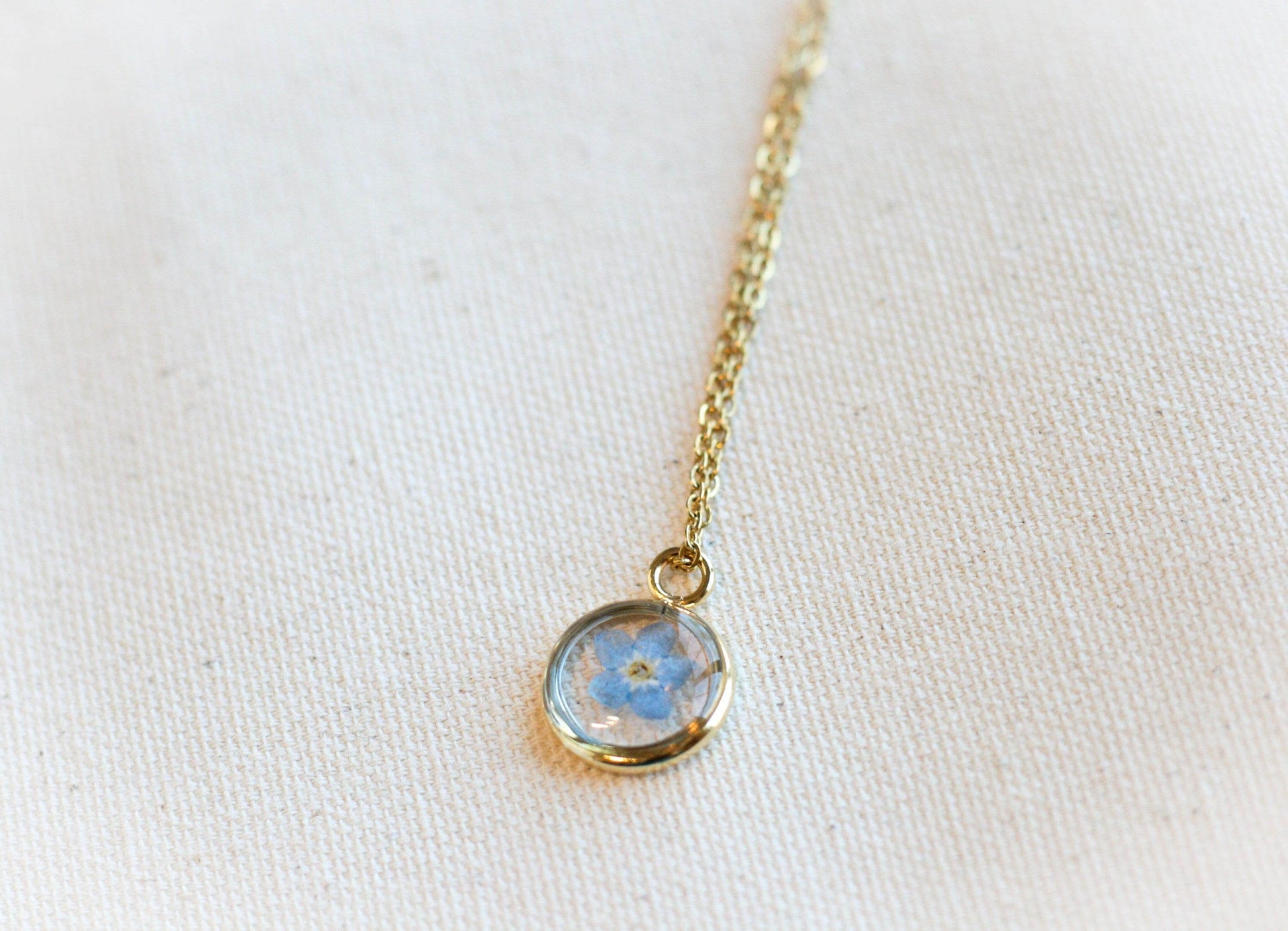 Blue Forget Me Not Necklace | Gold Circle Pendant - Rest of the Nest