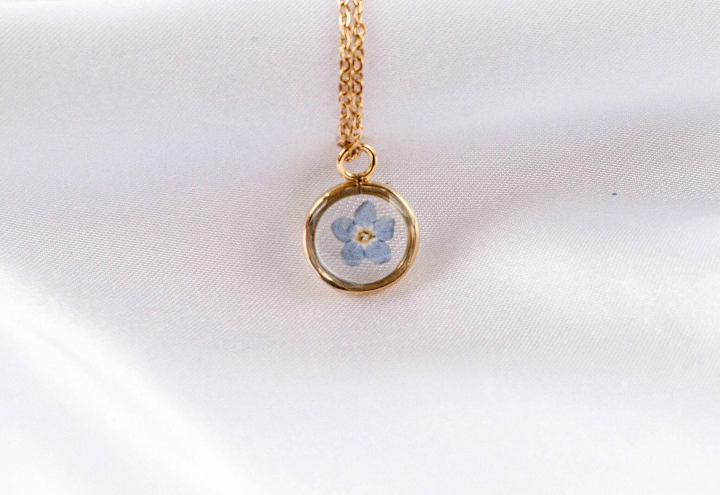 Blue Forget Me Not Necklace | Yellow Gold Circle Pendant - Sale - Rest of the Nest
