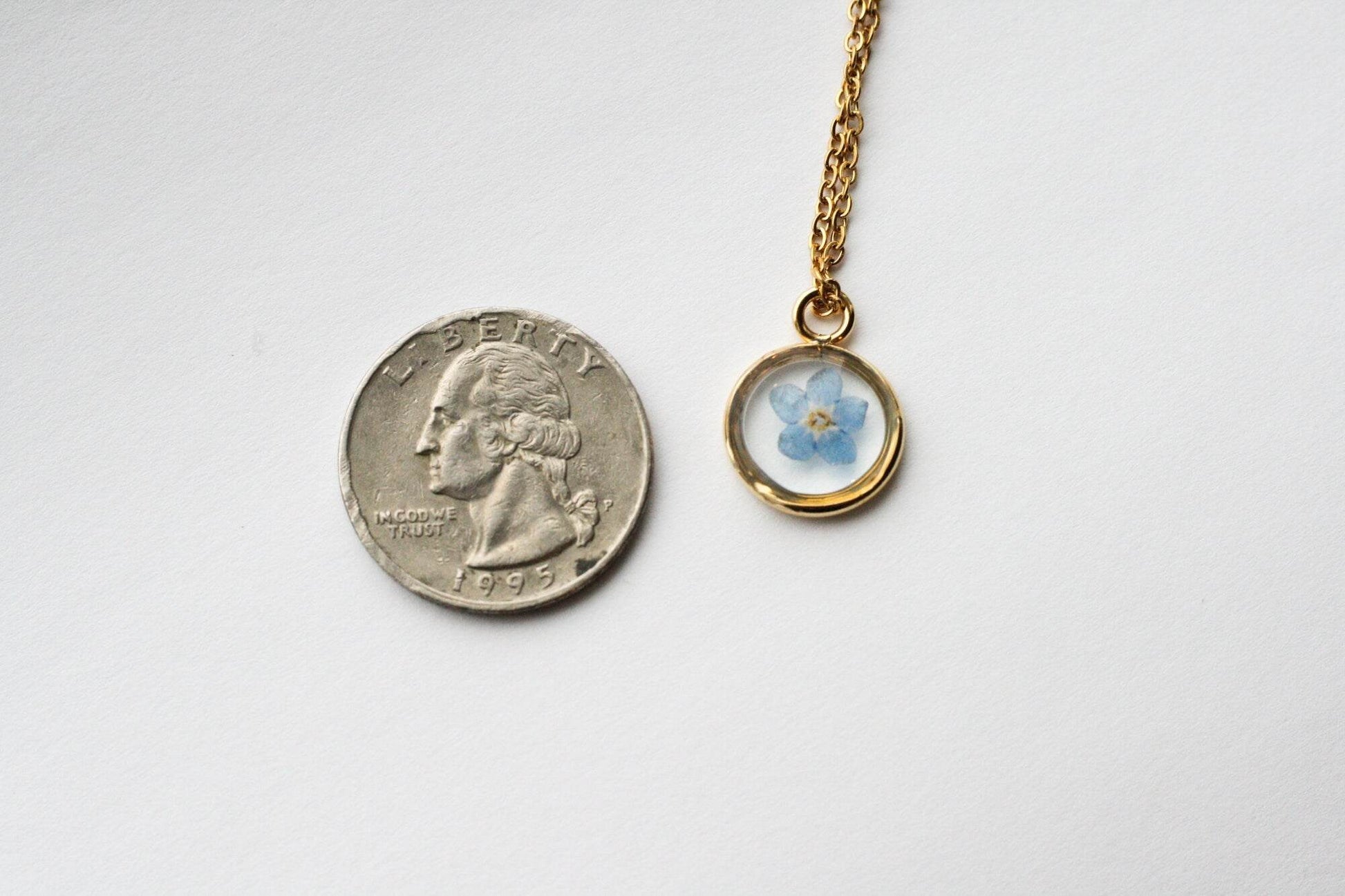 Blue Forget Me Not Necklace | Gold Circle Pendant - Rest of the Nest