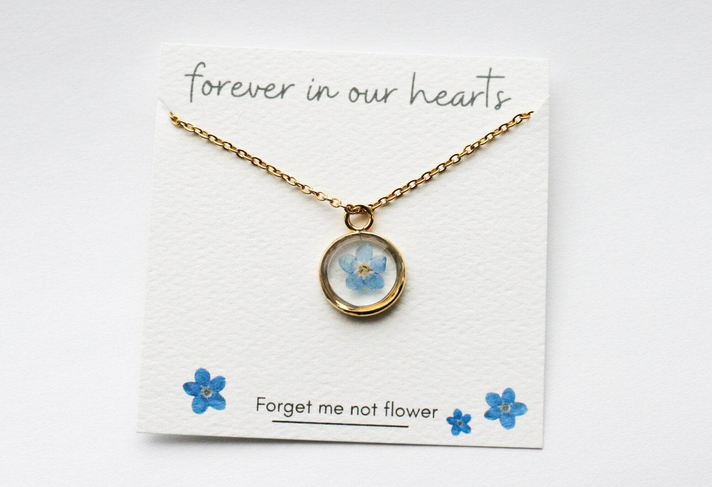 Blue Forget Me Not Necklace | Gold Circle Pendant - Rest of the Nest