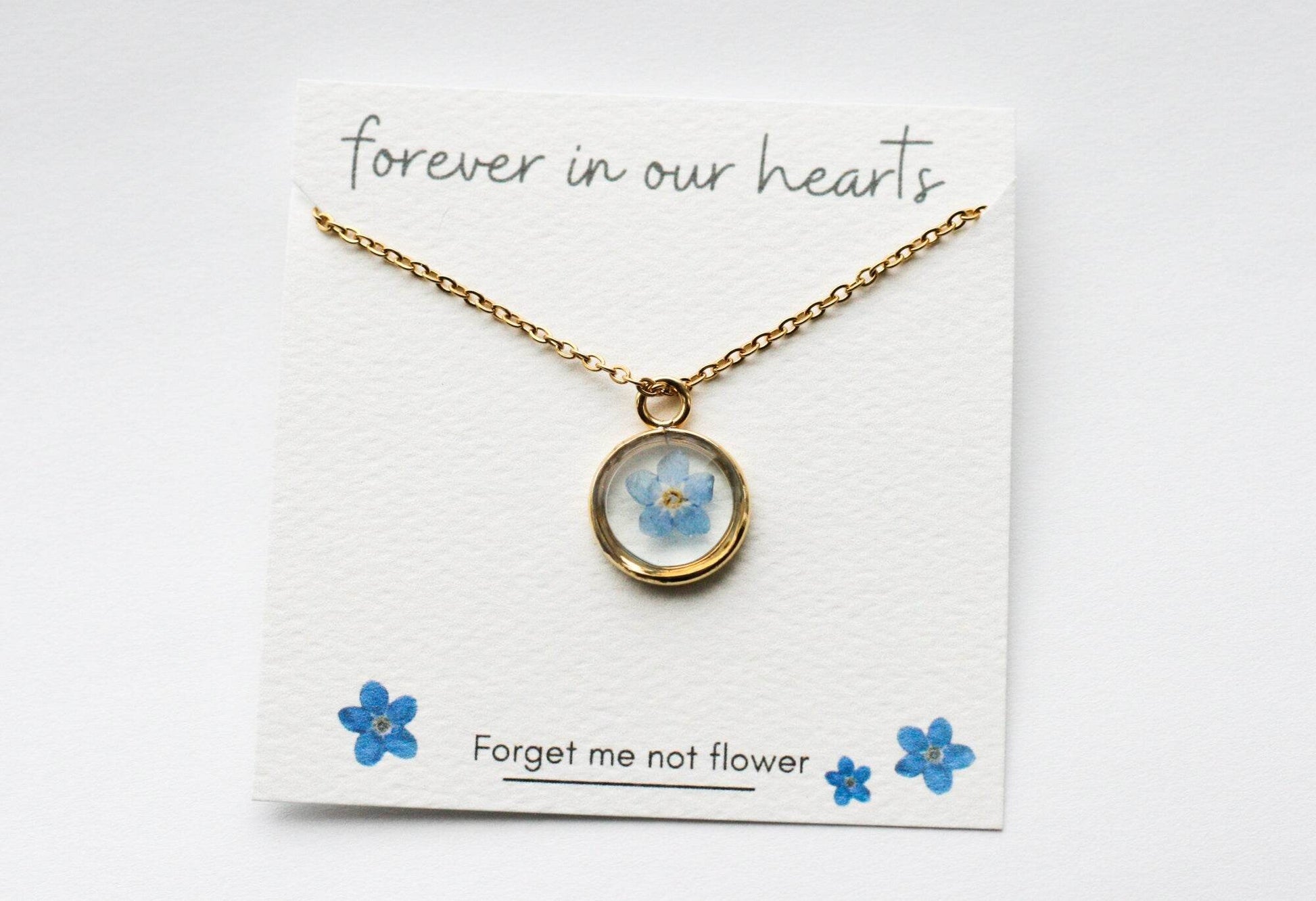 Blue Forget Me Not Necklace | Gold Circle Pendant - Rest of the Nest