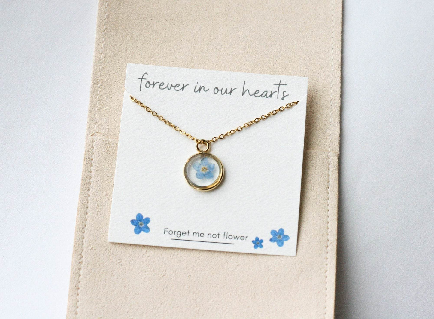 Blue Forget Me Not Necklace | Gold Circle Pendant - Rest of the Nest