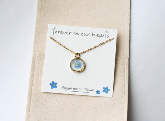 Blue Forget Me Not Necklace | Gold Circle Pendant - Rest of the Nest