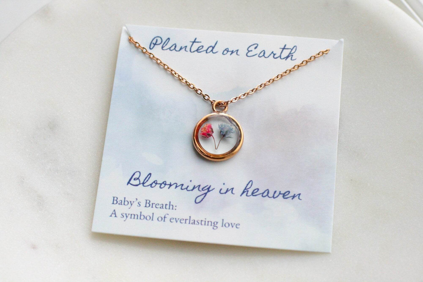 Pink, Blue or White Baby's Breath Flower Necklace | Circle Pendant - Rest of the Nest