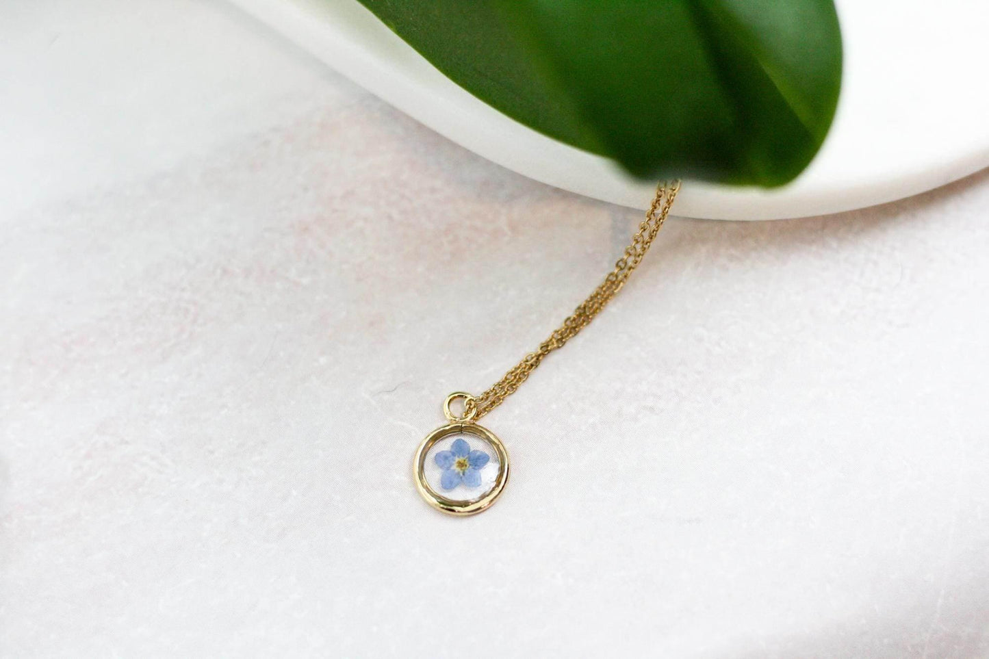 Blue Forget Me Not Necklace | Yellow Gold Circle Pendant - Sale - Rest of the Nest