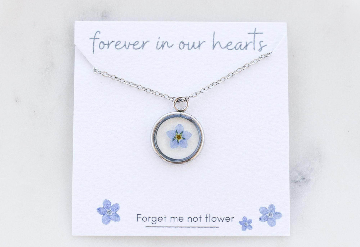 Blue Forget Me Not Necklace | Silver Circle Pendant - Sale - Rest of the Nest
