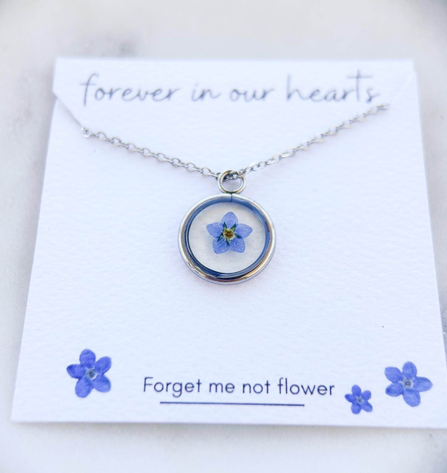 Blue Forget Me Not Necklace | Silver Circle Pendant - Sale - Rest of the Nest