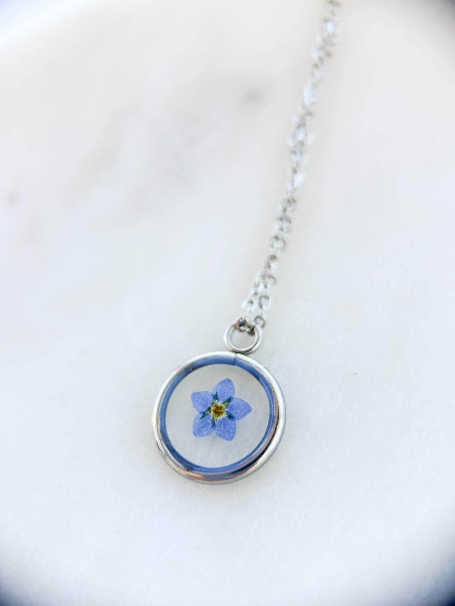 Blue Forget Me Not Necklace | Silver Circle Pendant - Sale - Rest of the Nest