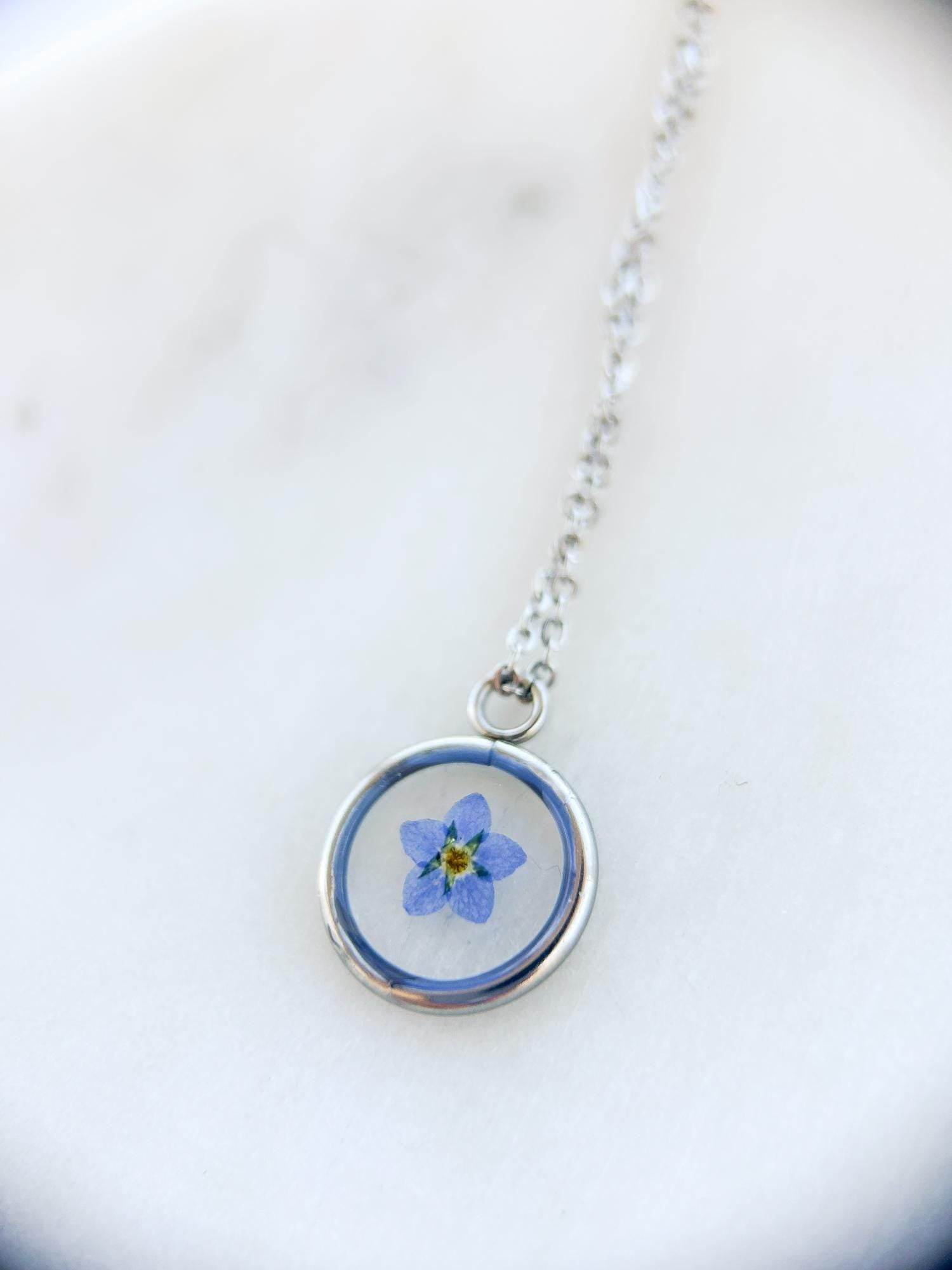 Blue Forget Me Not Necklace | Silver Circle Pendant - Sale - Rest of the Nest