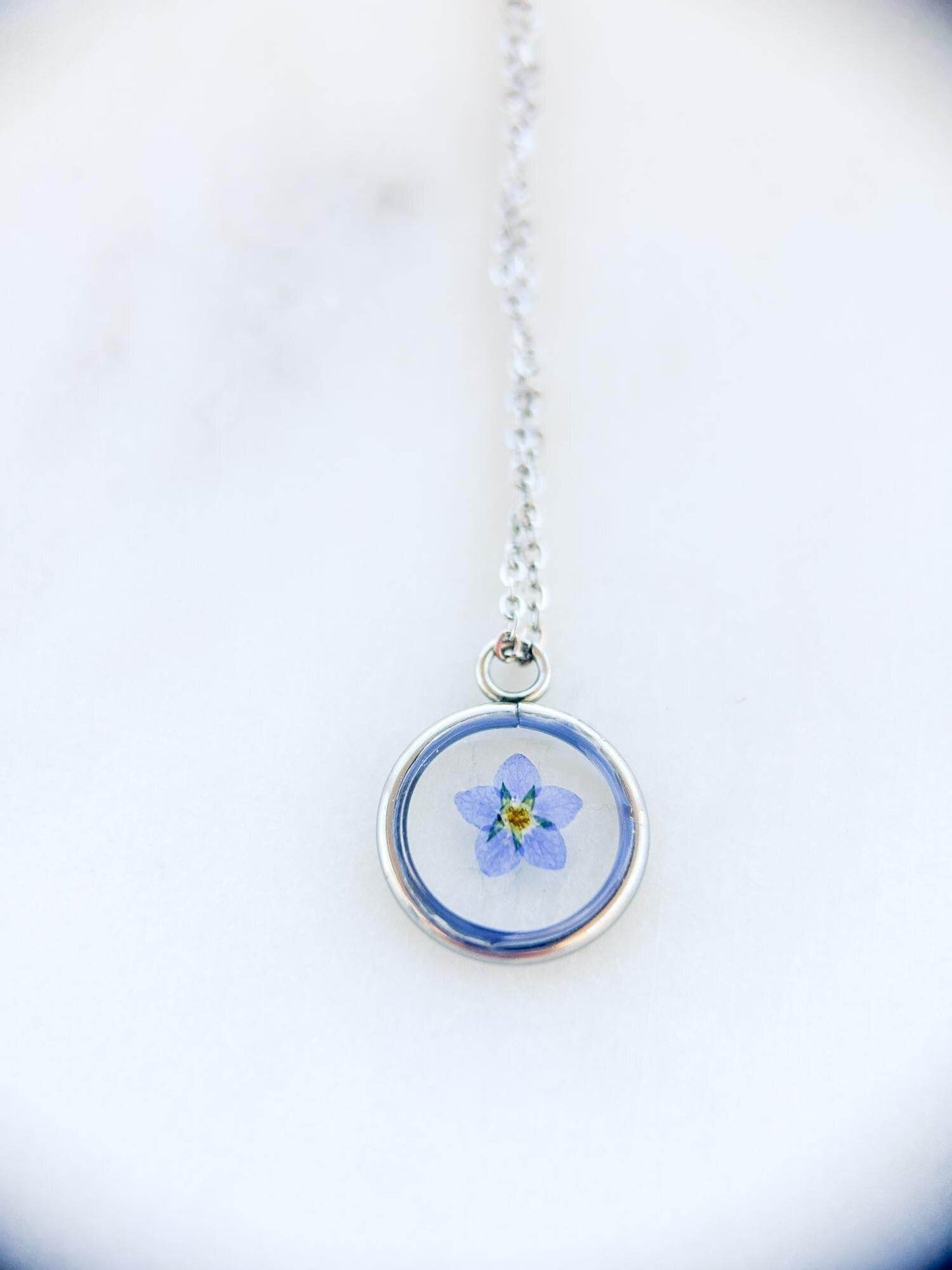 Blue Forget Me Not Necklace | Silver Circle Pendant - Sale - Rest of the Nest