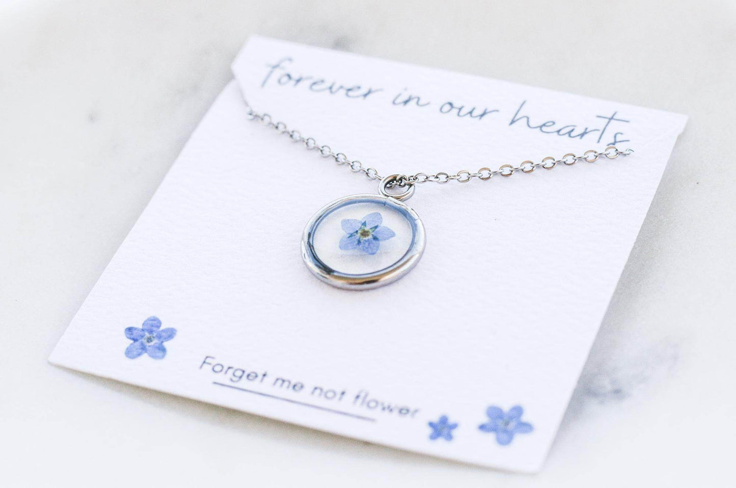 Blue Forget Me Not Necklace | Silver Circle Pendant - Sale - Rest of the Nest