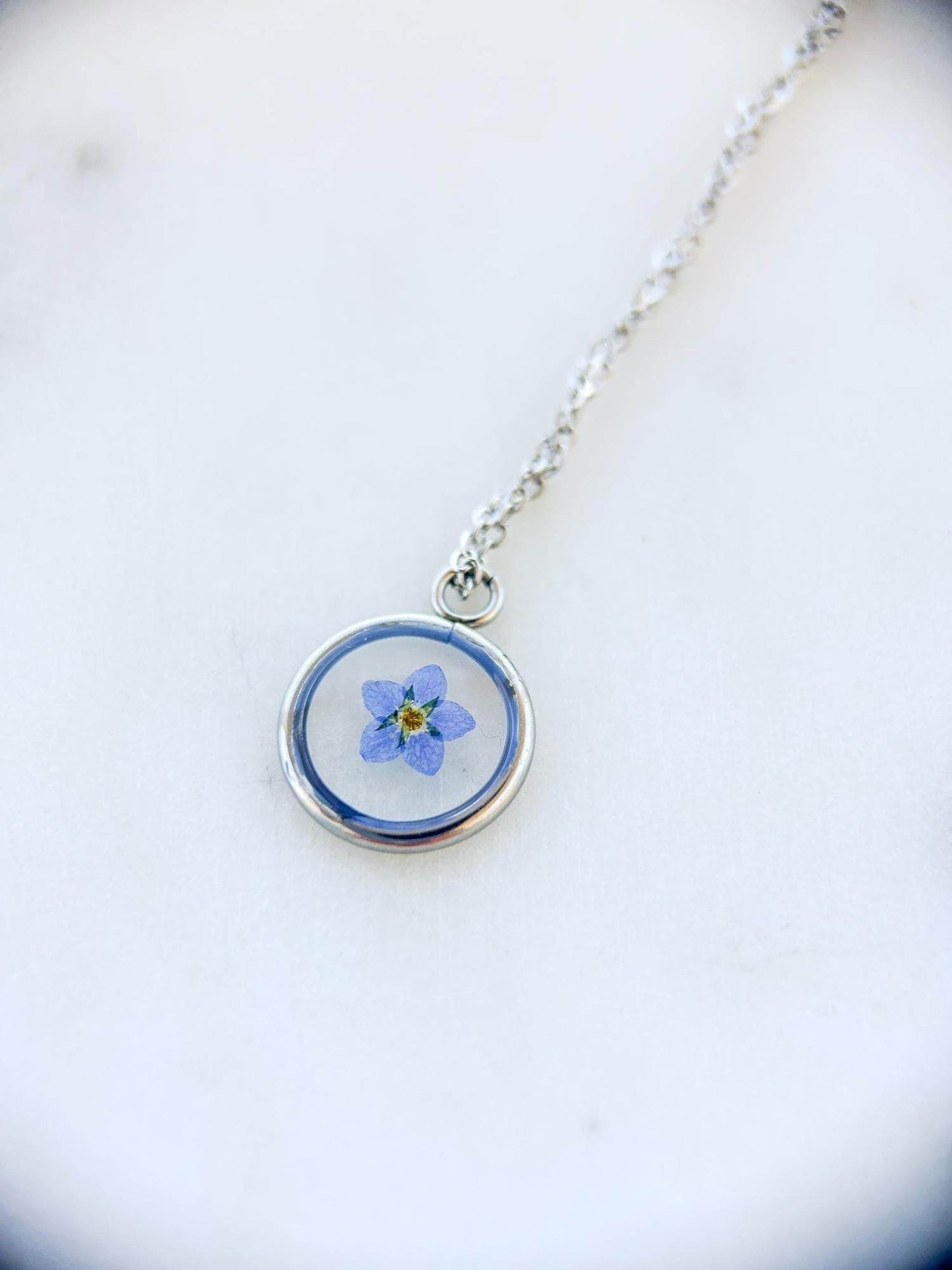 Blue Forget Me Not Necklace | Silver Circle Pendant - Sale - Rest of the Nest