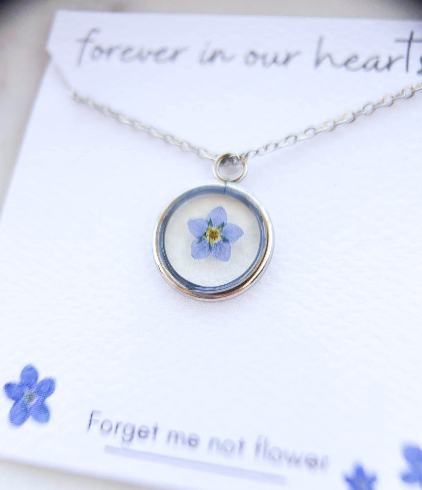 Blue Forget Me Not Necklace | Silver Circle Pendant - Sale - Rest of the Nest
