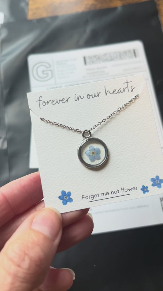 Blue Forget Me Not Necklace | Silver Circle Pendant - Sale