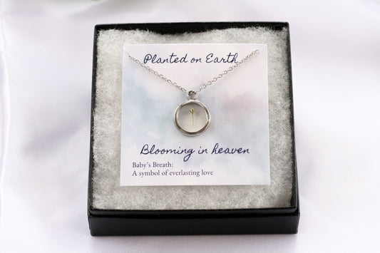 Baby's Breath Flower Necklace with a Silver Stainless Steel Circle Pendant and 18" Chain