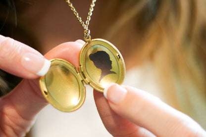 Engraved Silhouette Yellow Gold Necklace | Oval Locket - Rest of the Nest