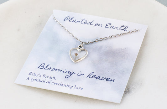 Baby's Breath Flower Bud Necklace | Silver Heart Pendant