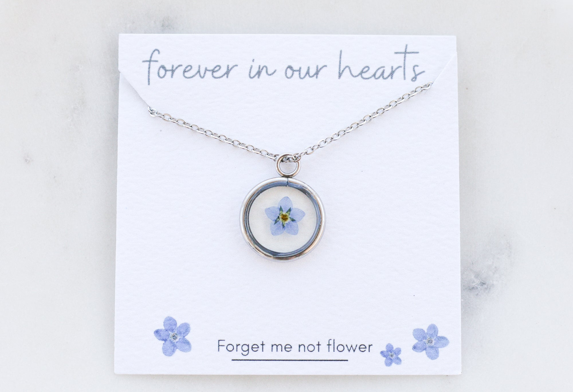 Blue Forget Me Not Necklace | Silver Circle Pendant