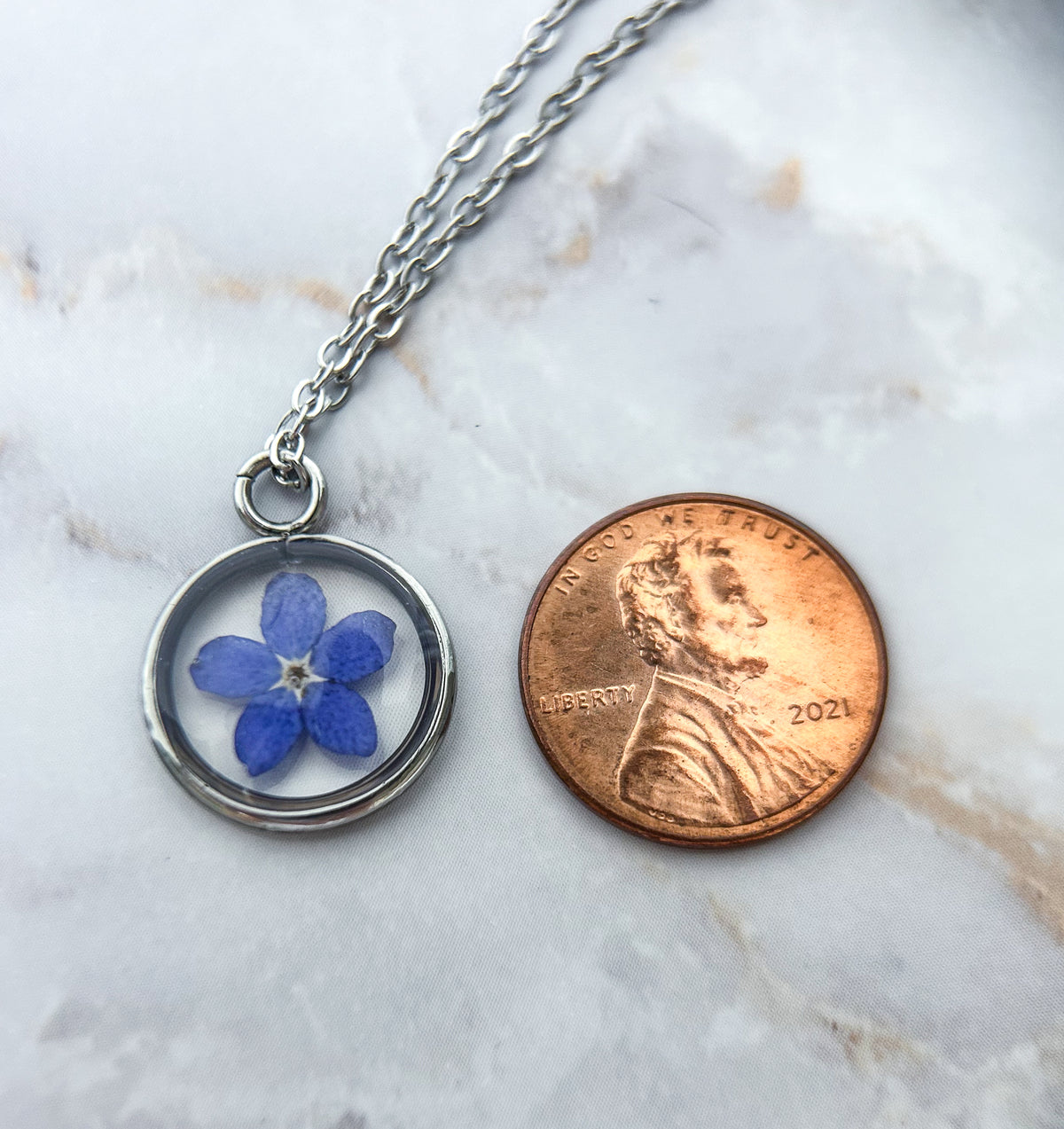 Blue Forget Me Not Necklace | Silver Circle Pendant - Sale