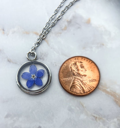 Blue Forget Me Not Necklace | Silver Circle Pendant - Sale