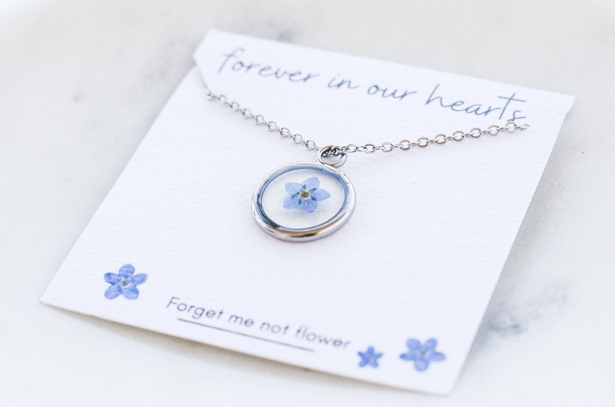 Blue Forget Me Not Necklace | Silver Circle Pendant