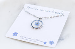 Blue Forget Me Not Necklace | Silver Circle Pendant