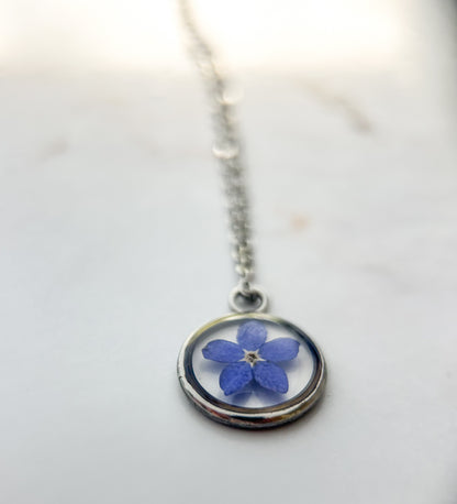 Blue Forget Me Not Necklace | Silver Circle Pendant - Sale