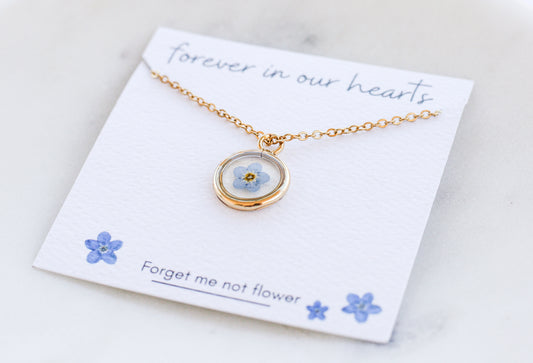 Blue Forget Me Not Necklace | Yellow Gold Circle Pendant