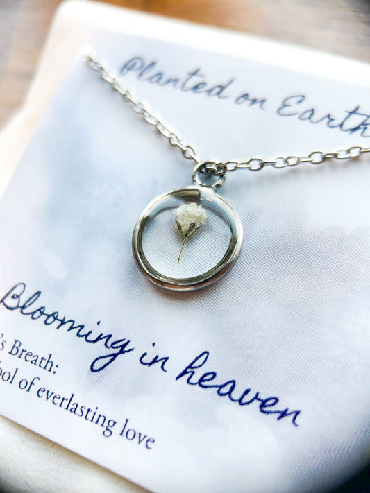 Baby's Breath Flower Necklace | Silver Circle Pendant