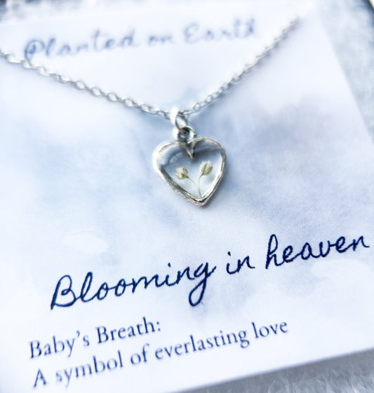 Baby's Breath Flower Bud Necklace | Silver Heart Pendant