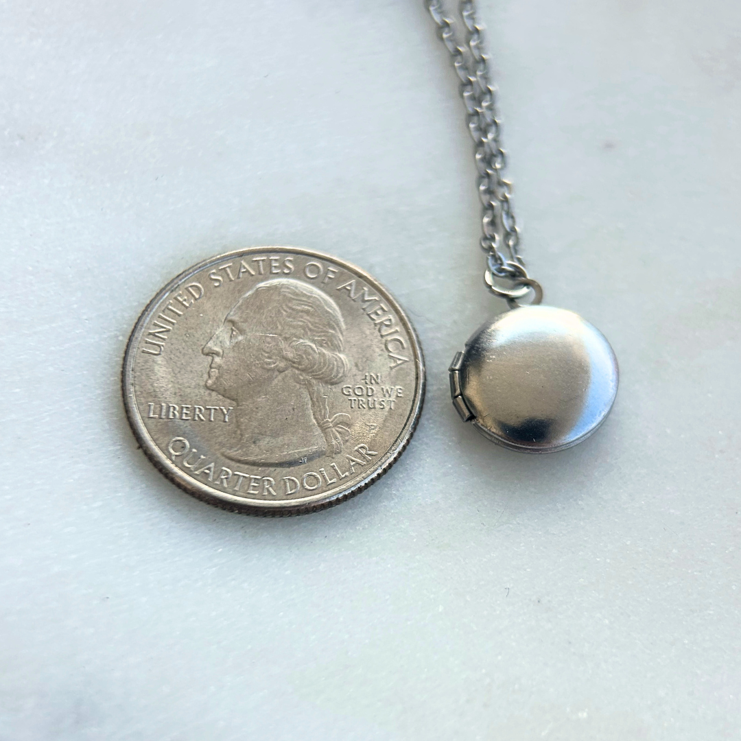 Rest of the Nest Silver locket on a chain next to a U.S. quarter dollar coin for a size comparison on a white background