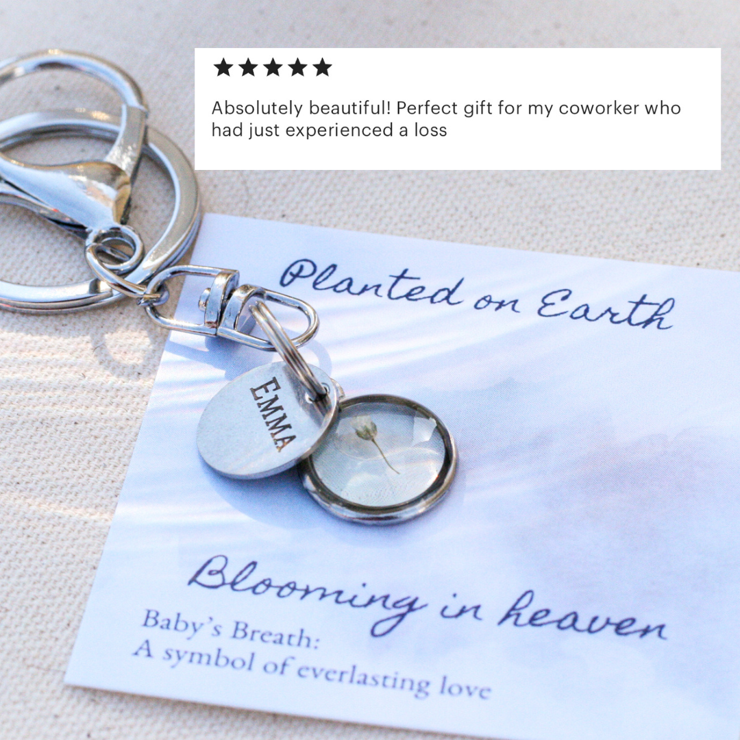 Miscarriage keychain in silver with customer 5 star review