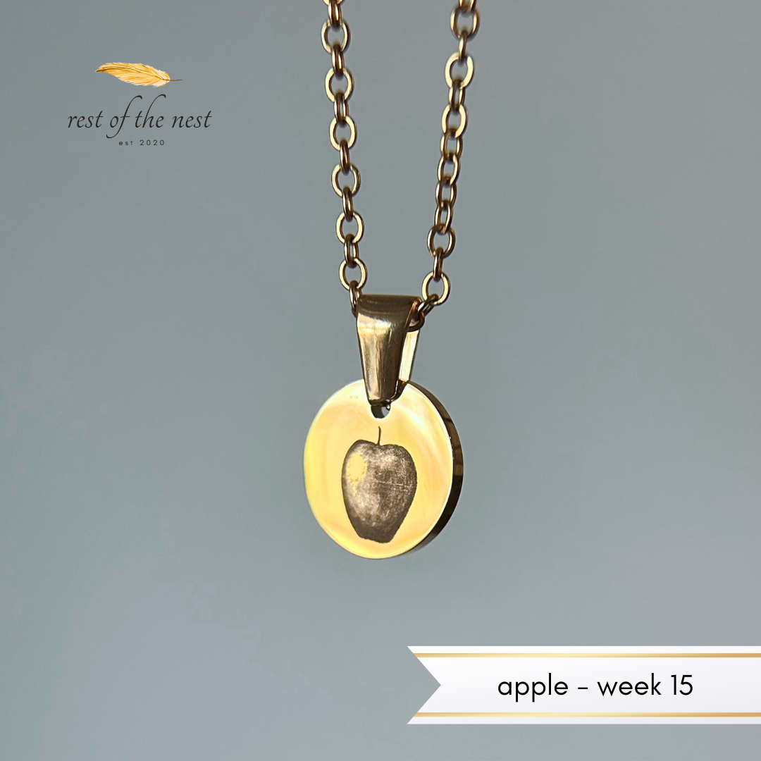 Rest of the Nest Gold necklace with a apple pendant on a gray background.