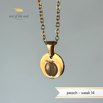 Rest of the Nest Gold necklace with a peach pendant on a gray background, featuring 'rest of the nest' branding.