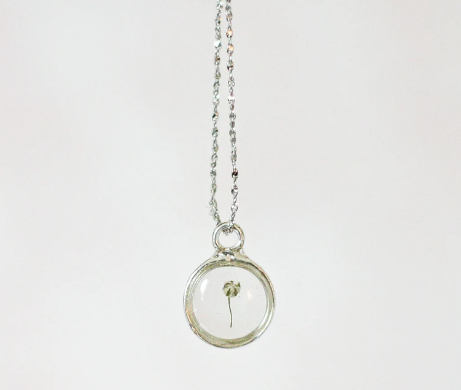 Baby's Breath Flower Necklace with a Sterling Silver Circle Pendant and 20" Chain
