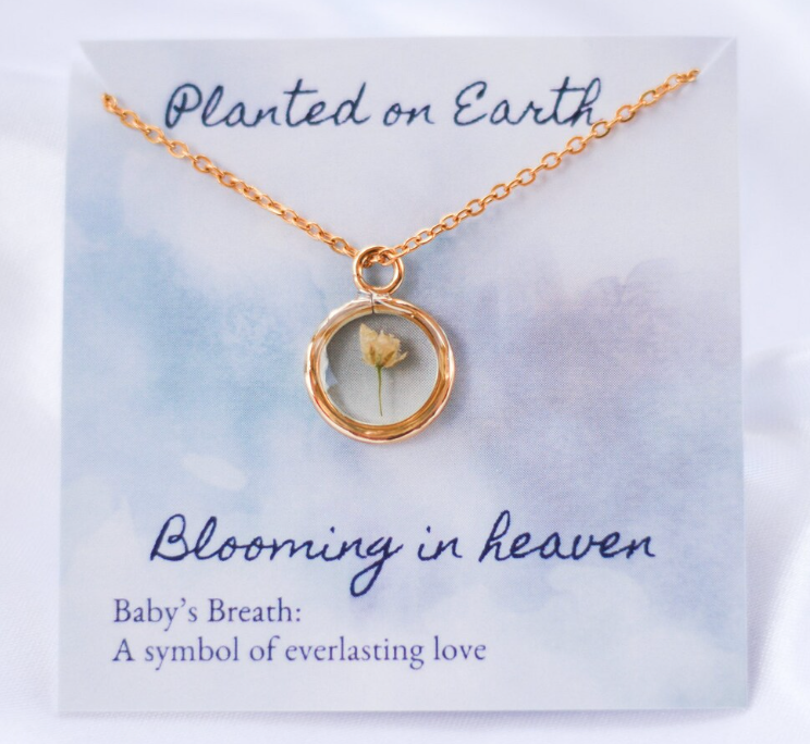 Gold babys breath necklace with planted on earth blooming in heaven necklace card