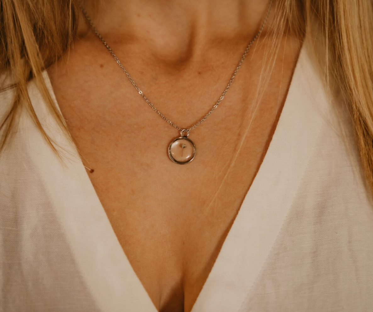 Baby's Breath Flower Necklace | Silver Circle Pendant