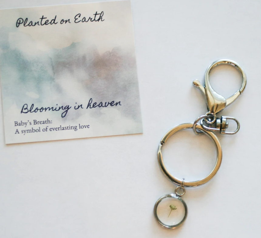 Babys breath silver keychain  with planted on earth blooming in heaven card