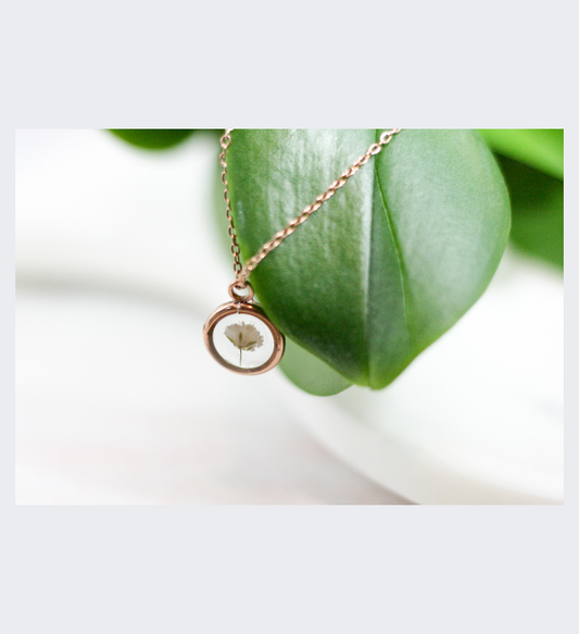 Baby's Breath Flower Necklace with a Rose Gold Circle Pendant and 18" Chain