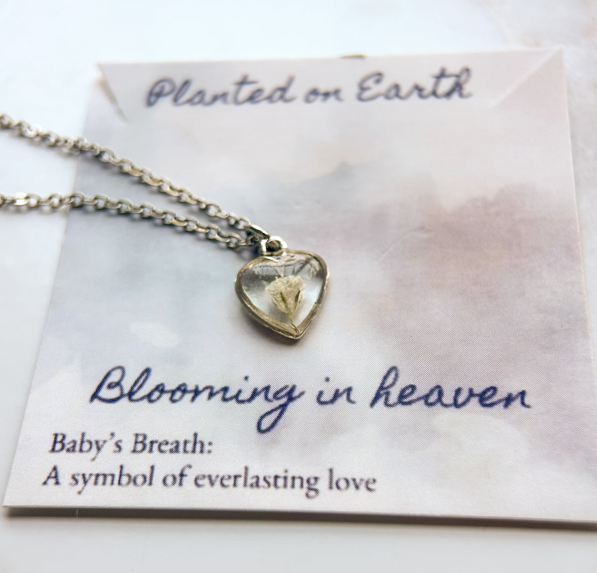 Baby's Breath Flower Heart Necklace | Memorial & Miscarriage Keepsake