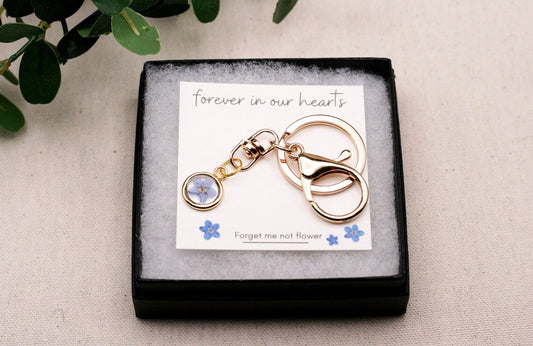 Blue Forget Me Not Flower Keychain with a Rose Gold Circle Pendant