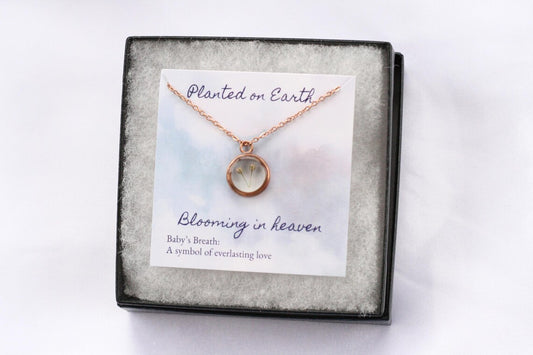 Baby's Breath Flower Bud Necklace with a Rose Gold Circle Pendant and 20" Chain