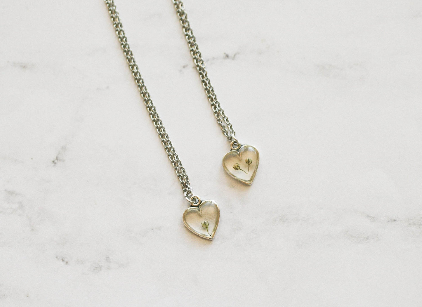 Baby's Breath Flower Necklace | Silver Heart Pendant - Rest of the Nest
