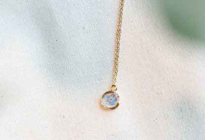 Blue Forget Me Not Necklace | Gold Circle Pendant - Rest of the Nest